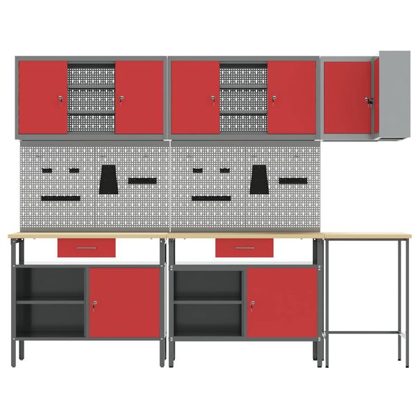vidaXL Conjunto de armarios de trabajo con caj&oacute;n 10 pcs Rojo y Gris