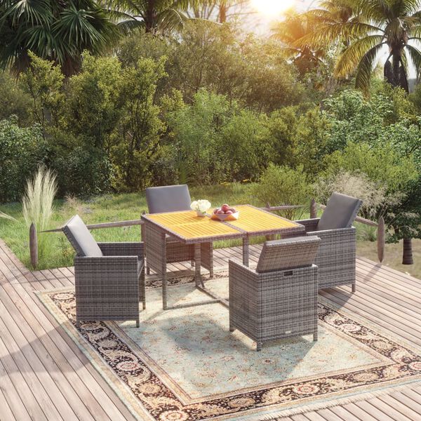 vidaXL Set comedor de jard&iacute;n 5 piezas con cojines rat&aacute;n sint&eacute;tico gris