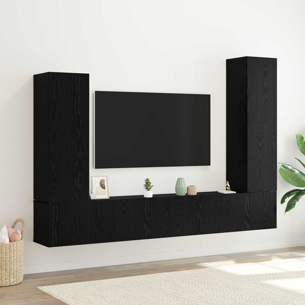 vidaXL Conjunto de mueble de TV 4 pcs Roble Negro Madera de ingenier&iacute;a