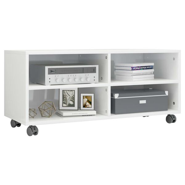 vidaXL Mueble de TV con ruedas contrachapada blanco brillo 90x35x35 cm