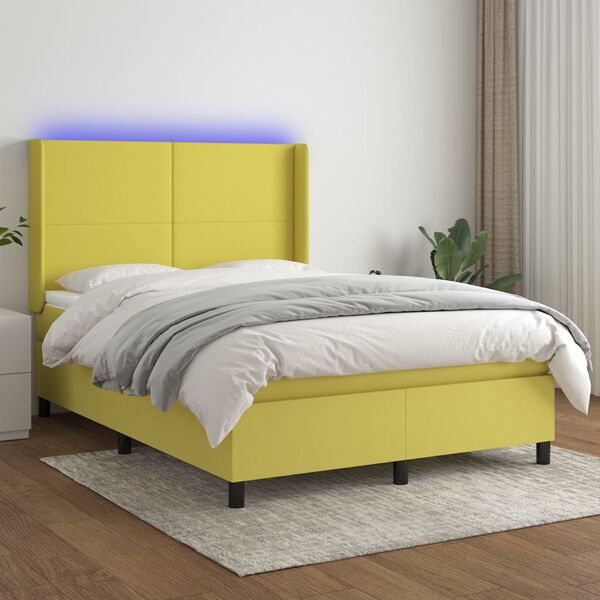 vidaXL Cama box spring colch&oacute;n y luces LED tela verde 140x190 cm