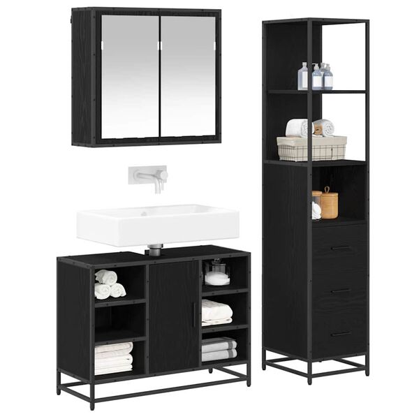 vidaXL Juego de muebles de ba&ntilde;o 3 pcs Roble Negro Madera de ingenier&iacute;a