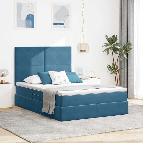 vidaXL Cama con almacenamiento y colch&oacute;n Azul Oscuro 140 x 190 cm