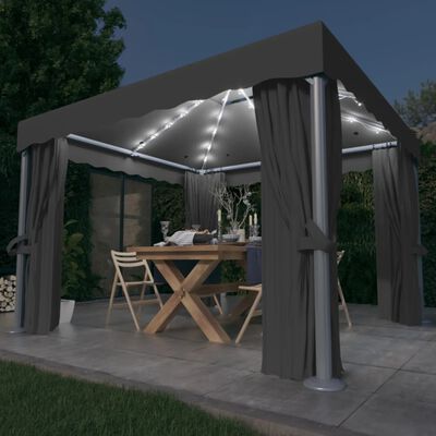 vidaXL Cenador con cortina y tira de luces aluminio antracita 3x3 m