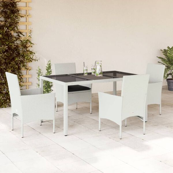 vidaXL Set comedor jard&iacute;n 5 pzas cojines rat&aacute;n sint&eacute;tico vidrio blanco