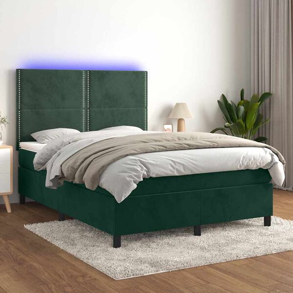 vidaXL Cama box spring colch&oacute;n y LED terciopelo verde oscuro 140x200cm