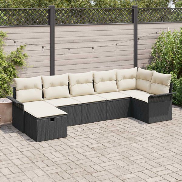 vidaXL Conjunto de sof&aacute; de jard&iacute;n 7 pcs Negro y crema rat&aacute;n sint&eacute;tico