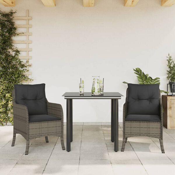 vidaXL Set comedor de jard&iacute;n 3 piezas con cojines rat&aacute;n sint&eacute;tico gris