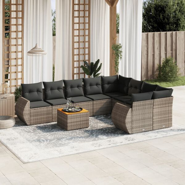 vidaXL Set de muebles de jard&iacute;n 9 pzas y cojines rat&aacute;n sint&eacute;tico gris