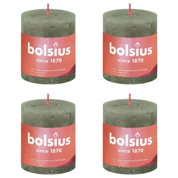 Bolsius Velas rústicas Shine 4 unidades verde oliva 80x68 mm