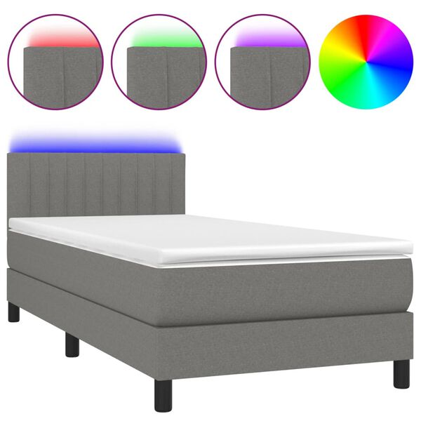 vidaXL Cama box spring colch&oacute;n y luces LED tela gris oscuro 90x200 cm