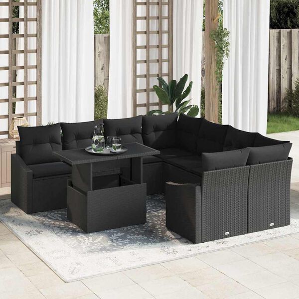 vidaXL Conjunto de sof&aacute; de jard&iacute;n 9 pcs Negro rat&aacute;n sint&eacute;tico