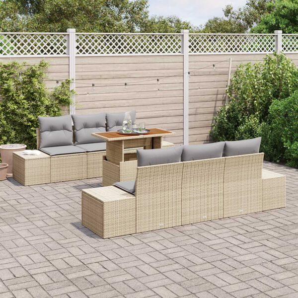 vidaXL Conjunto de sof&aacute; de jard&iacute;n 7 pcs Beige Polirat&aacute;n