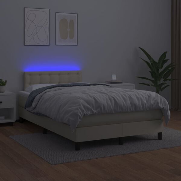 vidaXL Cama box spring colch&oacute;n y LED cuero sint&eacute;tico crema 120x200 cm