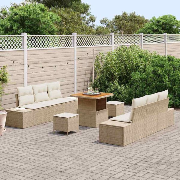 vidaXL Conjunto de sof&aacute; de jard&iacute;n con coj&iacute;n 9 pcs Beige Polirat&aacute;n