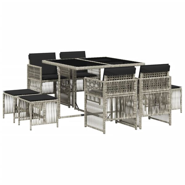 vidaXL Set comedor de jard&iacute;n 9 pzas cojines rat&aacute;n sint&eacute;tico gris claro