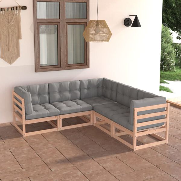 vidaXL Juego de muebles de jard&iacute;n 5 pzas y cojines madera maciza pino