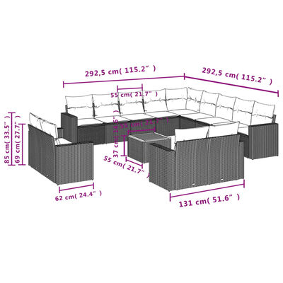 vidaXL Set de sofás de jardín y cojines 14 pzas ratán sintético negro