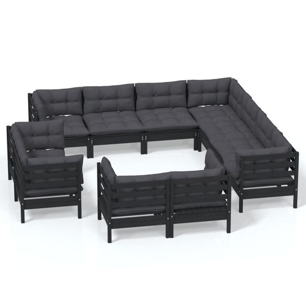 vidaXL Muebles de jard&iacute;n 11 pzas y cojines negro madera maciza de pino