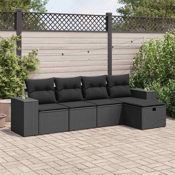 vidaXL Set de muebles de jard&iacute;n 5 pzas y cojines rat&aacute;n sint&eacute;tico negro