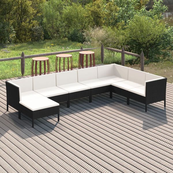 vidaXL Set de muebles de jard&iacute;n 8 pzas y cojines rat&aacute;n sint&eacute;tico negro