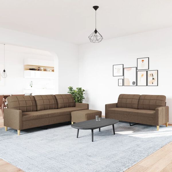 vidaXL Juego de sof&aacute;s con reposapi&eacute;s 3 piezas tela marr&oacute;n