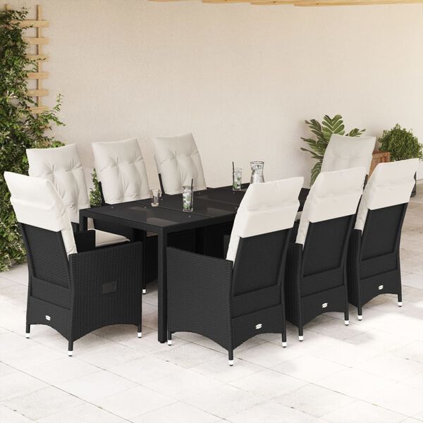 vidaXL Set de comedor de jard&iacute;n 9 pzas y cojines rat&aacute;n sint&eacute;tico negro