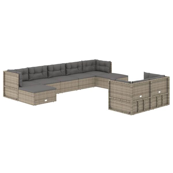 vidaXL Set de muebles de jard&iacute;n 9 pzas y cojines rat&aacute;n sint&eacute;tico gris