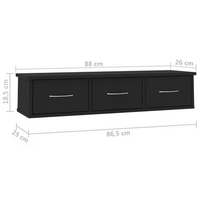 vidaXL Estante de cajones para pared contrachapada negro 88x26x18,5cm