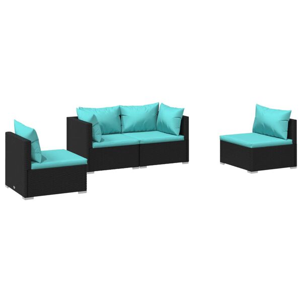 vidaXL Set de muebles de jard&iacute;n 4 pzas y cojines rat&aacute;n sint&eacute;tico negro
