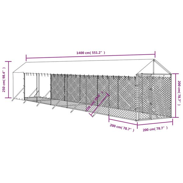 vidaXL Perrera de exterior con toldo acero galvanizado plata 2x14x2,5m