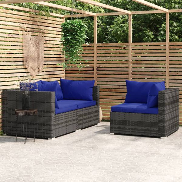 vidaXL Set de muebles de jardín 3 pzas y cojines ratán sintético gris