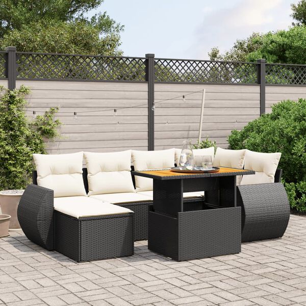 vidaXL Set de comedor de jard&iacute;n 7 pzas y cojines rat&aacute;n sint&eacute;tico negro