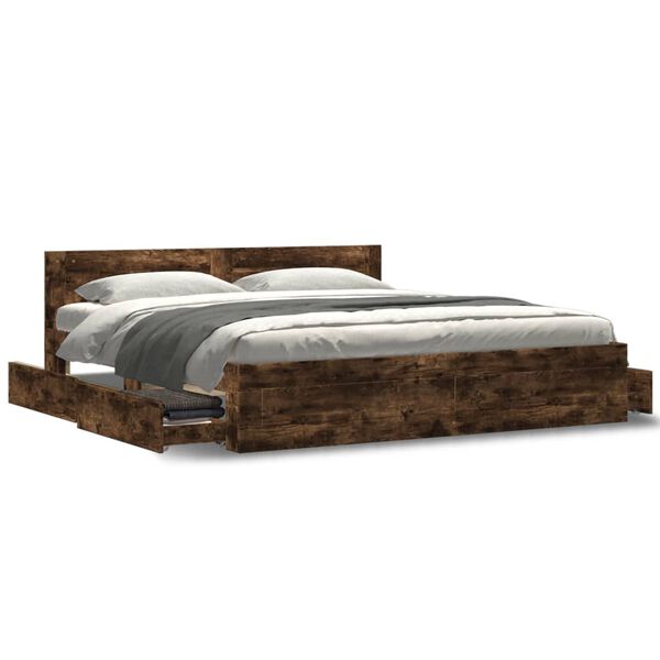 vidaXL Cama con cabecero madera de ingenier&iacute;a roble ahumado 180x200 cm