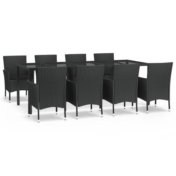 vidaXL Set de comedor de jard&iacute;n 9 pzas y cojines rat&aacute;n sint&eacute;tico negro