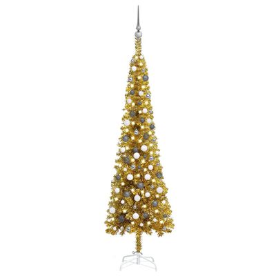 vidaXL Árbol de Navidad delgado con luces y bolas dorado 210 cm