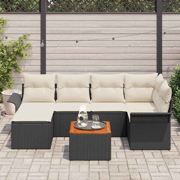 vidaXL Conjunto de sof&aacute; de jard&iacute;n con coj&iacute;n 7 pcs Negro y crema
