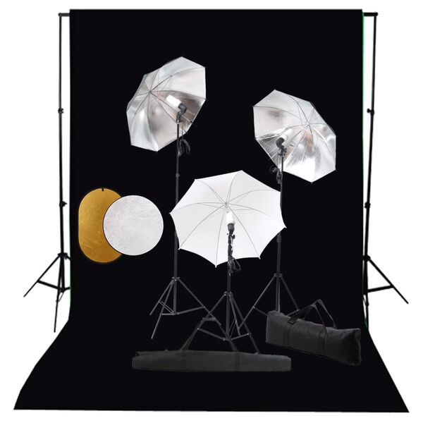 vidaXL Kit estudio fotogr&aacute;fico l&aacute;mparas, sombrillas, fondo y reflector