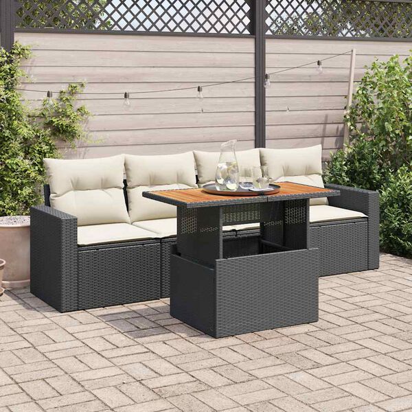 vidaXL Set de muebles de jard&iacute;n 5 pzas y cojines rat&aacute;n sint&eacute;tico negro