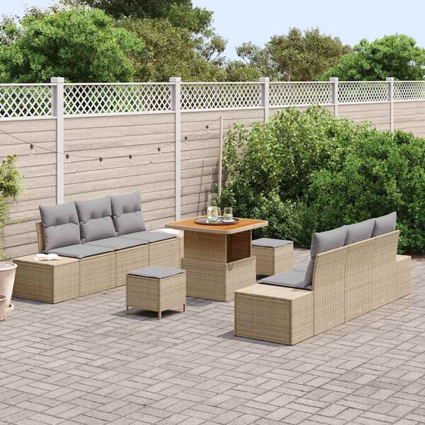 vidaXL Conjunto de sof&aacute;s de jard&iacute;n con coj&iacute;n 9 pcs Beige Polirat&aacute;n