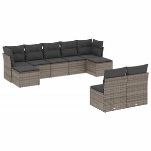 vidaXL Set de muebles de jard&iacute;n 9 pzas y cojines rat&aacute;n sint&eacute;tico gris