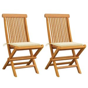 vidaXL Sillas plegables con cojines color crema, 2 unidades, madera maciza de teca.