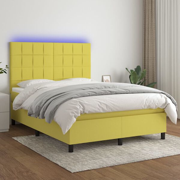 vidaXL Cama box spring colch&oacute;n y luces LED tela verde 140x190 cm