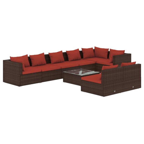 vidaXL Set muebles de jard&iacute;n 9 piezas y cojines rat&aacute;n sint&eacute;tico marr&oacute;n