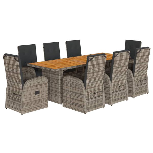 vidaXL Set comedor jard&iacute;n 9 pzas y cojines rat&aacute;n sint&eacute;tico gris