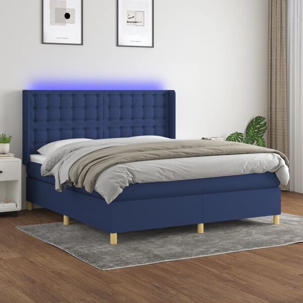 vidaXL Cama box spring colch&oacute;n y luces LED tela azul 180x200 cm