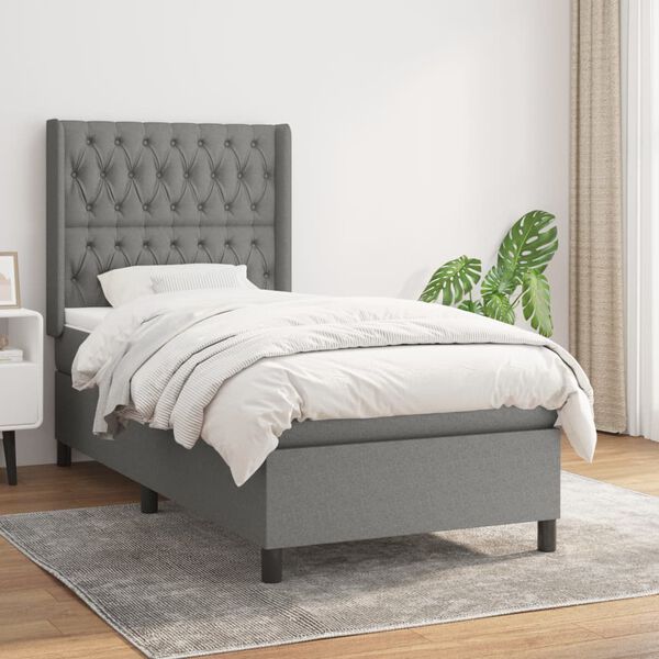 vidaXL Cama box spring con colch&oacute;n tela gris oscuro 100x200 cm
