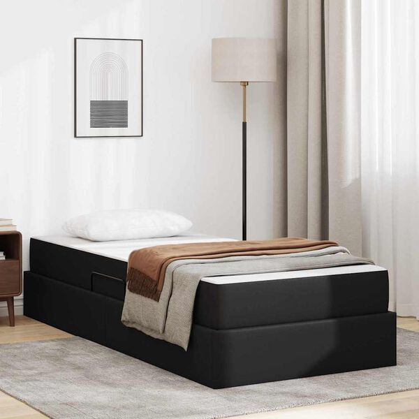 vidaXL Cama con almacenamiento y colch&oacute;n con colch&oacute;n 2 pcs Negro Cuero