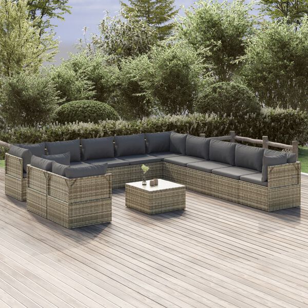vidaXL Set de muebles de jardín 12 pzas cojines ratán sintético gris