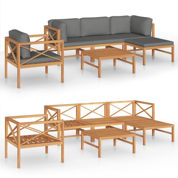 vidaXL Set de muebles de jard&iacute;n 6 pzas madera de teca y cojines gris